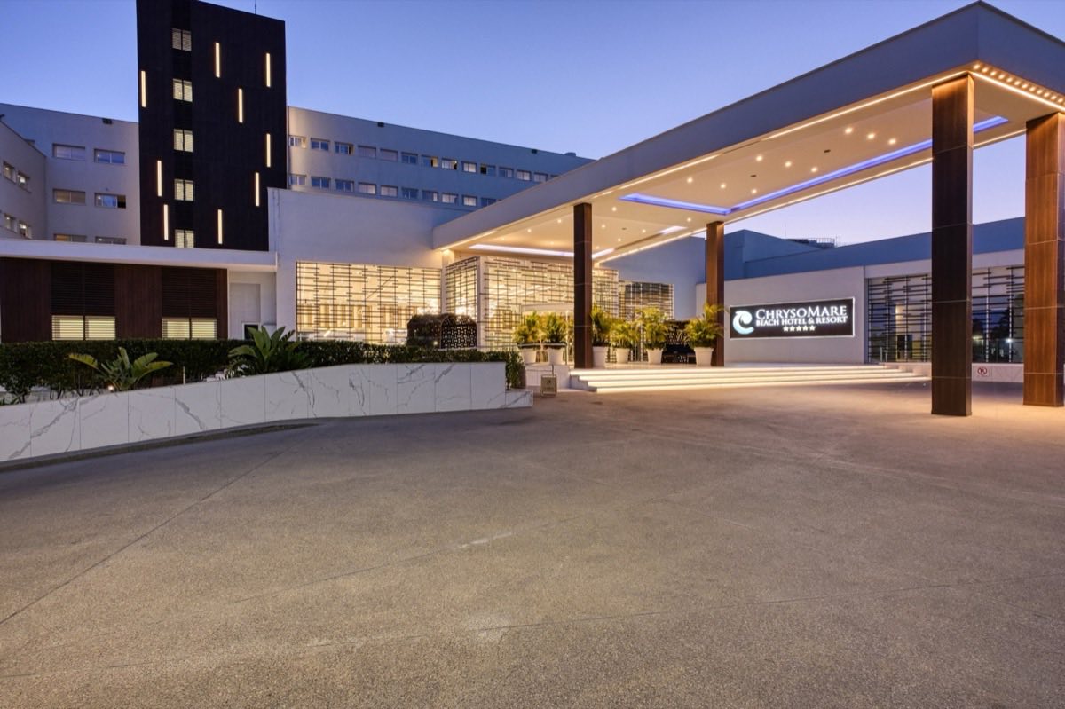 King Evelthon Beach Hotel & Resort entrance at dusk